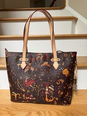 Piero Guidi Magic Circus Brown Coated Canvas Tote Leather Trim Gold Charm Italy